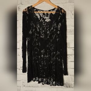 Bella Italy Black Crochet Lace Tunic Top Boho Sheer Festival Cover Up